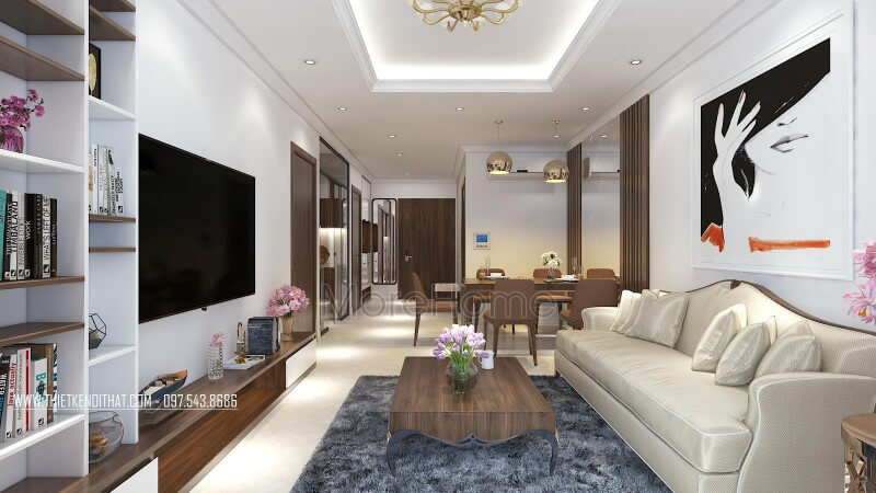 Thiết kế nội thất phòng khách không cầu kì với mảng tường chỉ có chiếc kệ tivi và kệ trang trí bên cạnh cửa sổ cũng làm cho căn phòng hoàn hảo. Trang trí nội thất chung cư