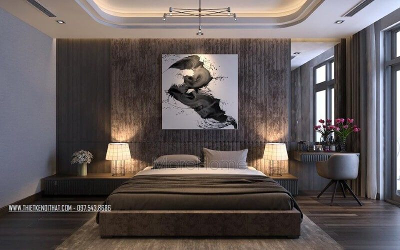 Bố trí nội thất phòng ngủ master hiện đại, đẹp, sang trọng.