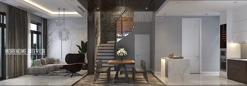 Phối cảnh trang trí hiện đại đẹp cho biệt thự nhà phố với ý tưởng thiết kế phòng khách liền bếp ăn.