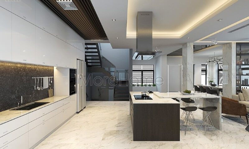 . Nội thất căn bếp gỗ công nghiệp hiện đại được thiết kế rộng rãi, với khu bếp nấu ăn và kệ bếp được tách riêng biệt để tạo ra sự thoải mái và tiện nghi cho gia chủ.